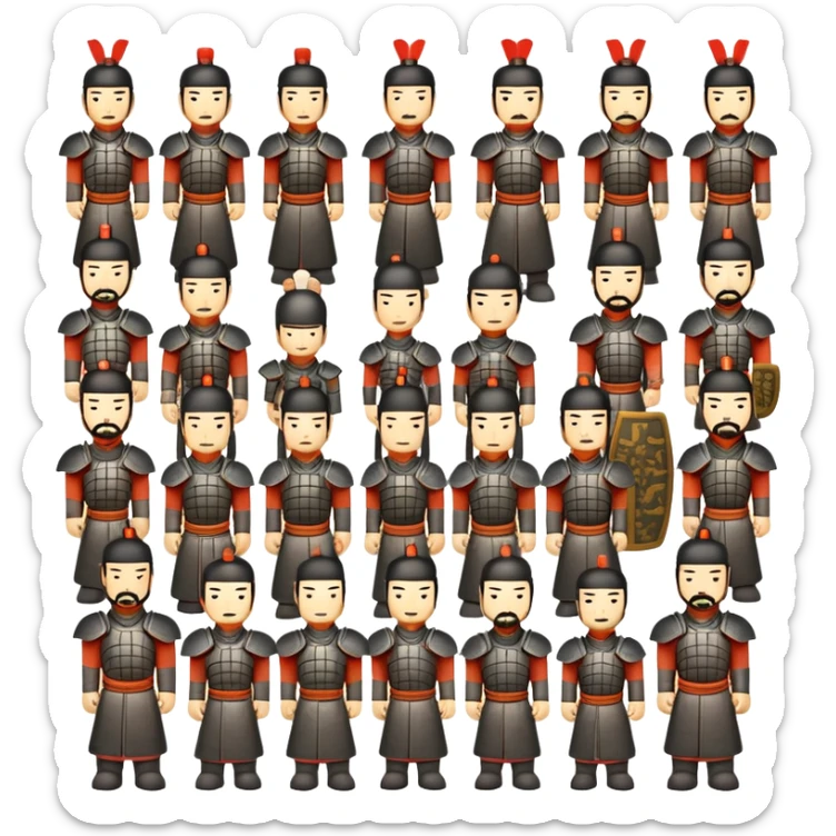 Terracotta Army Xi'an, simplified emoji style with bold outlines and bright colors, cartoon style ancient warrior statues sticker