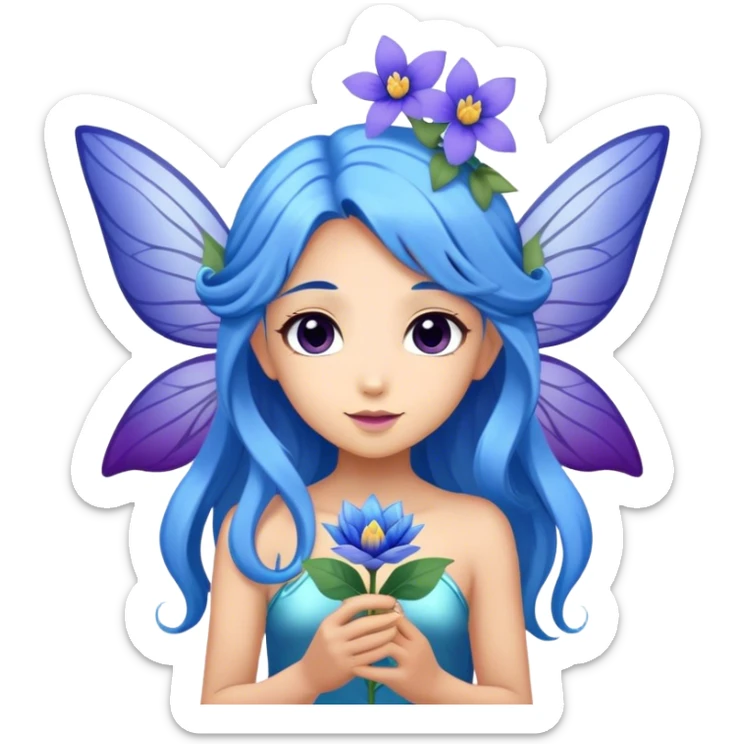 flower fairy, long blue hair, tan skin,  Beautiful, blue flower, fairy, blue, silver, purple, long hair, big wings sticker