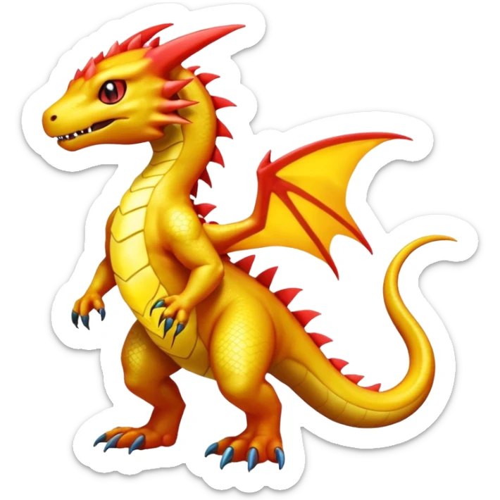 Cute Shiny yellow iridescent Guilmon-Salandit-Fakémon-hybrid-creature (full body)  sticker
