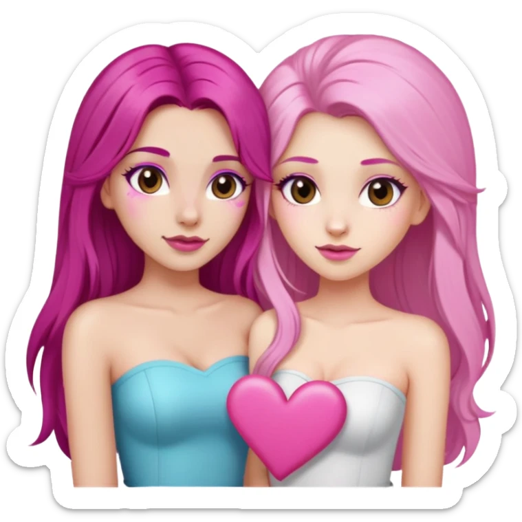 gorgeous pale girl with long magenta hair latina makeup next to a gorgeous girl with blonde hair brown eyes and a light pink heart above them both wearing tube tops sticker