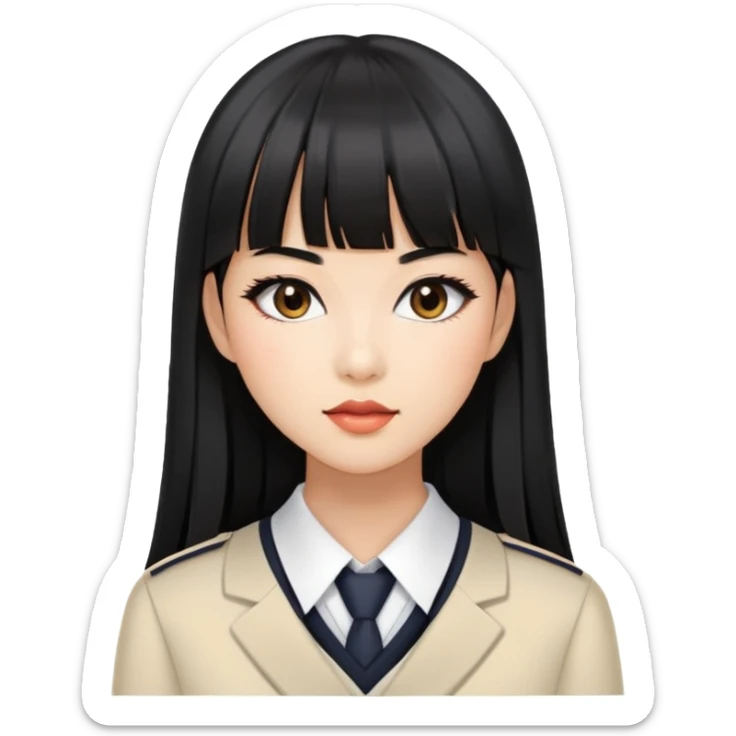 fashionable woman with Asian skin tone, long straight black hair with straight bangs, school uniform, and stylish makeup sticker