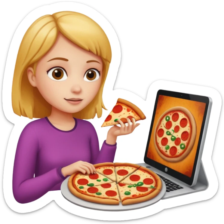 a girl looking in her computer and in the ocmputer you can see food so sho the computer screen sticker