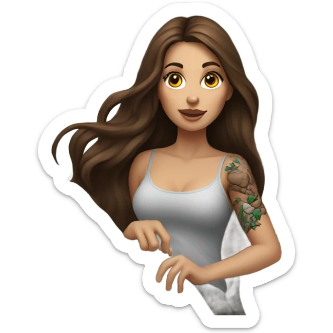 Beautiful tattooed woman long brown hair climbing rocks sticker