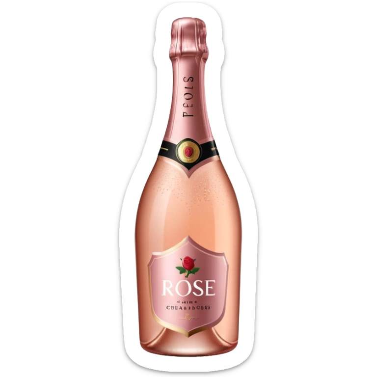 bottle of sparkling rosé champagne with a rose logo on the label, tilted up and to the left, no glass sticker