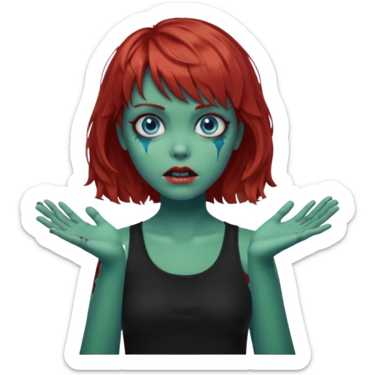 Zombie girl emoji with short red hair and bangs. Blue eyes, green skin, and a black top Her hair is slightly wavy and she has her hands outstretched in front of her.  sticker
