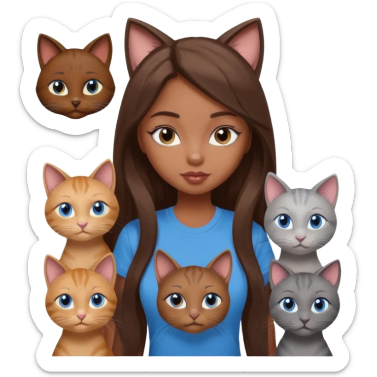 a pretty bratz dusky girl with long brown hair, blue eyes with six cats nd wearing a grey tshirt sticker