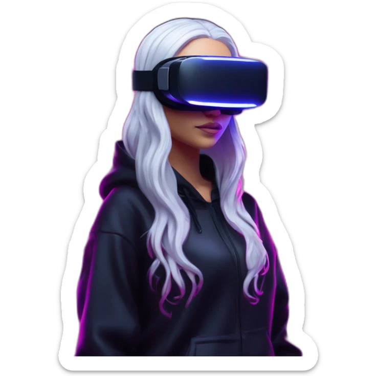Daenerys Targaryen wearing a black hoodie with "OMG" letters on it and VR headset in a cyberpunk VR environment with violet neon lighting. sticker