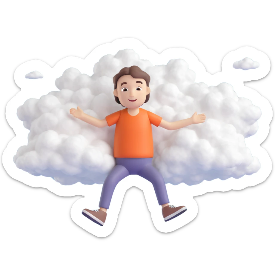 figure of a person in flight, made entirely of small white convex fluffy clouds, fluffy texture, no background, clean style sticker