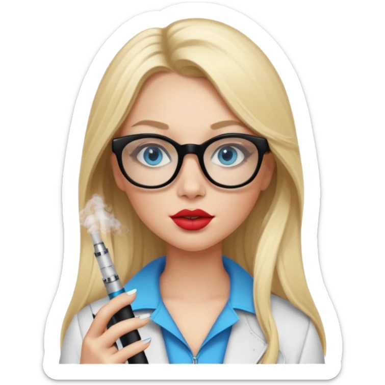 girl with blue eyes, blonde ling hair, black squared glasses, big lips, long eyelashes, and an electronic cigarette in her right hand sticker