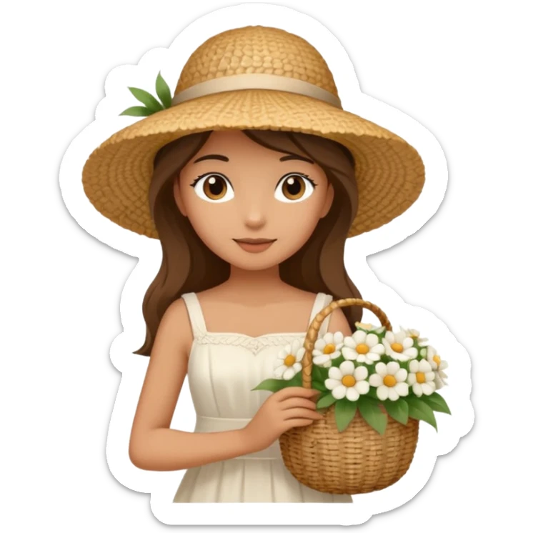 summer beautiful wicker hat, beach beige bag and bouquet of white flowers and girl in Italy white dress sticker
