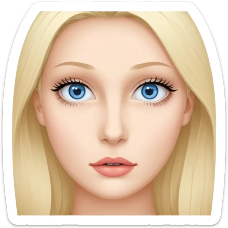 Bonnie Blue Porträt einer jungen Frau mit ovalem Gesicht, großen hellblauen Augen, langen Wimpern und geschwungenen Augenbrauen. Gerade, feine Nase und volle Lippen mit sichtbarem Lächeln. Glatte, leicht gebräunte Haut mit natürlichem Glow. Schulterlanges, blondes Haar mit Locken und Mittelscheitel sticker