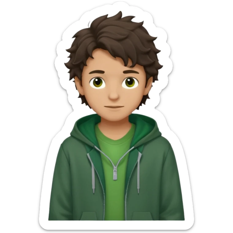 a 14 year old slightly tanned teenage boy with dark brown tousled wavy hair, dark brown eyes wearing a green tshirt, with a dark green hoodie overcoat. smirking. full body sticker
