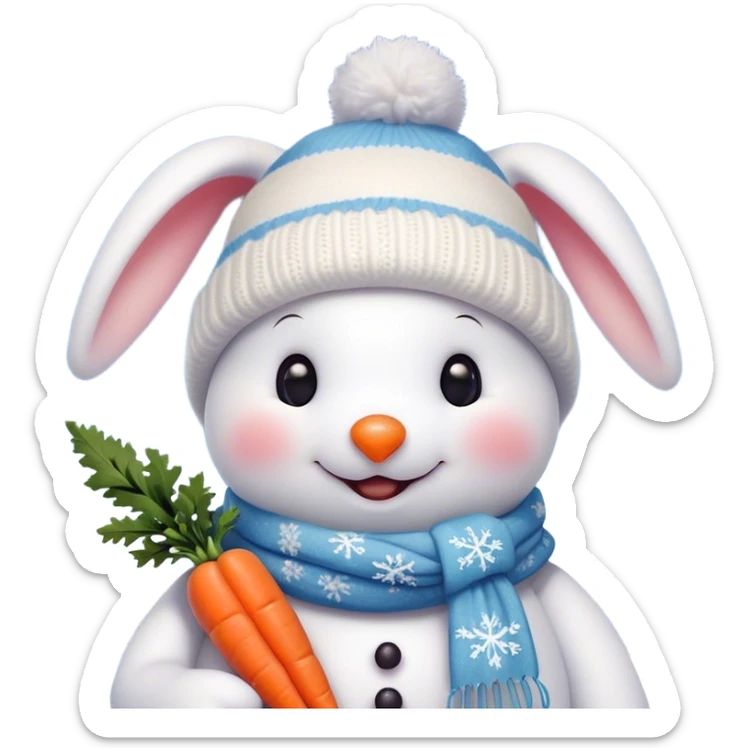The detailed digital illustration shows a snowman in a Christmas hat and scarf. The snowman is depicted in close-up. Next to it is a cute bunny who wants to depict a snowman and holds a carrot with his paws at the level of his nose, thereby demonstrating to the snowman that his nose looks like a snowman's nose. The snowman is joyful, looks lovingly at the mischievous bunny. Snowflakes are falling from the sky, the whole scene should have a soft and cozy winter aesthetic. The style of this illustration is the same as that of the famous artist Evgenia Gapchinskaya. sticker