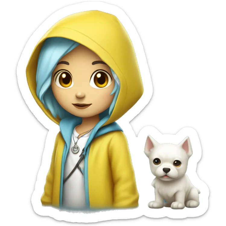 Cute little girl with light blue hair wearing a yellow raincoat hood up with white skin and short hair with cross necklace and staff sticker