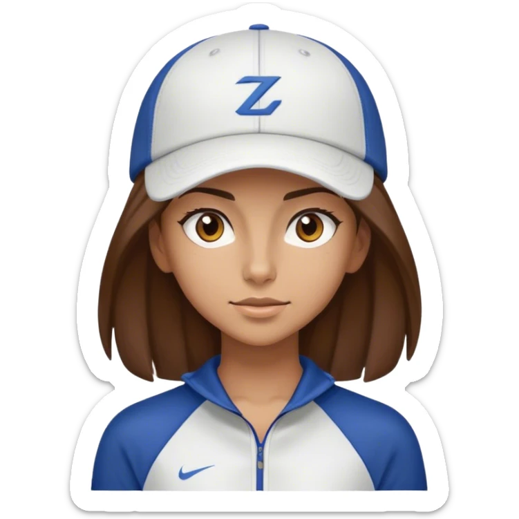 A girl with sharp features, shoulder-length brown hair, wearing a cap and sportswear. sticker