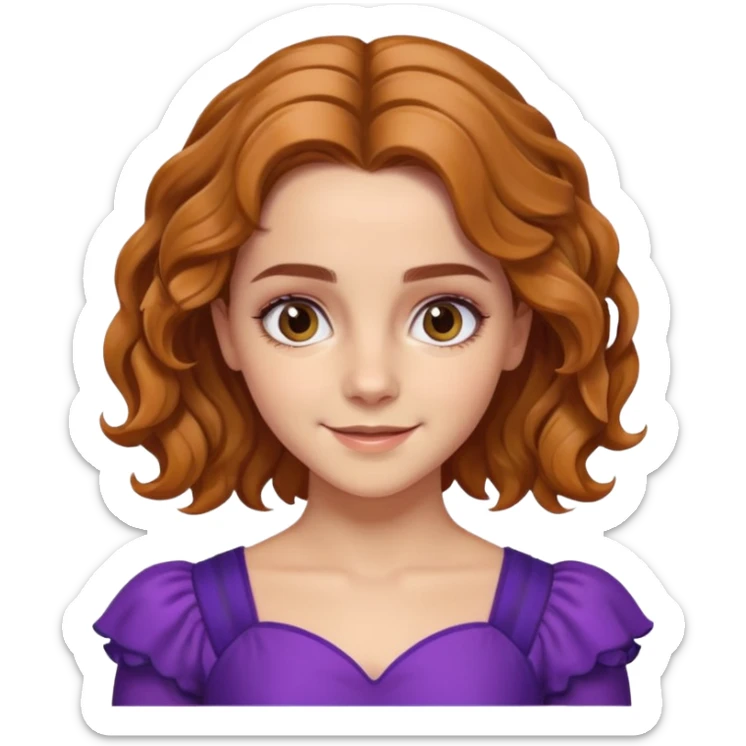 big biceps, muscled torso, very beautiful italian happy girl, looking like Emma Watson, with wavy bright hazelnut hair, dressed in a beautiful violet costume sticker