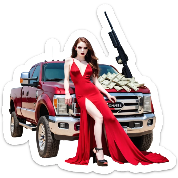Lilith symbol red eye seductress evil long brown haired sexy succubus woman. Wearing Chanel  long dress with slit, sitting on top of a  giant lifted F350 pickup truck. Black Platform heels on feet. Back of truck full of stacks of cash, sitting behind her is  a human skull with a gun in other hand sticker
