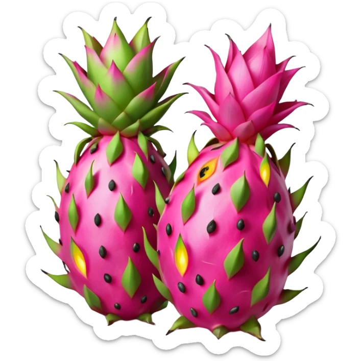 whole vibrant dragon fruit with bright pink or red skin and green flame-like scales, next to a halved version revealing white or magenta flesh speckled with tiny black seeds, oval exotic shape, glossy tropical appearance, no leaves, plate, or extras, soft lighting, subtle shadows, emoji scale sticker