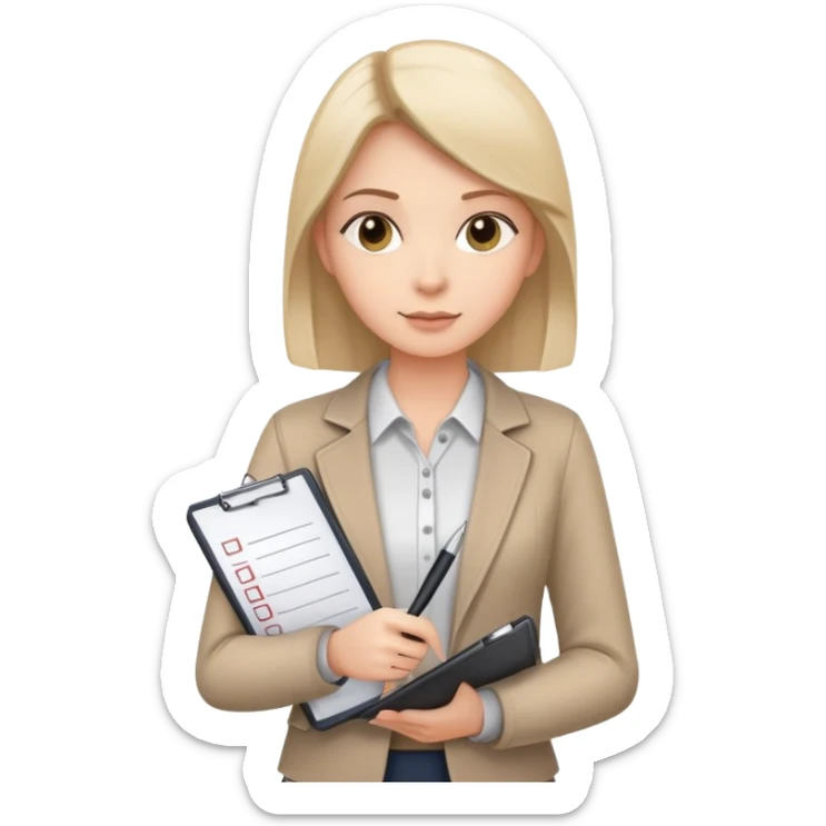 a person holding a checklist and pen, wearing smart casual clothing. The character is in a focused pose sticker