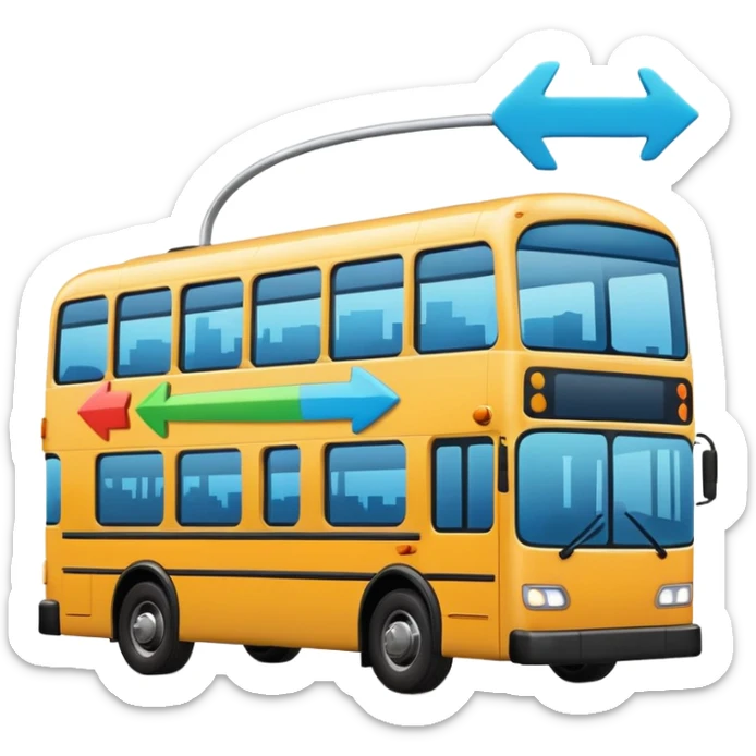 a modern bus with three colorful arrows pointing to city icons, Apple emoji style sticker