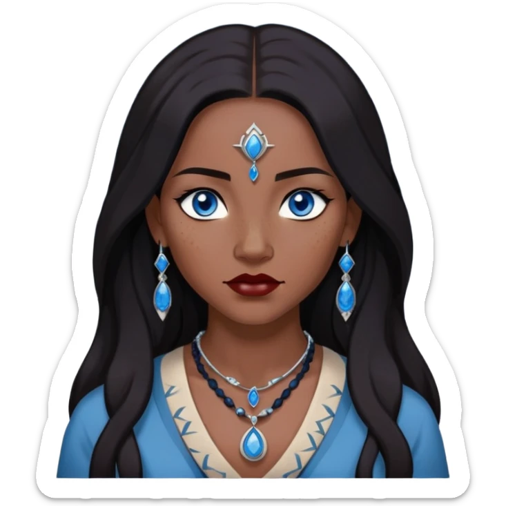 woman katara native american blue eyes dark skin freckles dark black long hair reddish lipstick necklace with sapphire pendant sticker