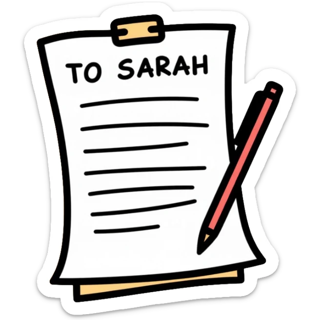 a paper letter with "TO SARAH" text written at the top of the letter, with a pen lying next to it sticker