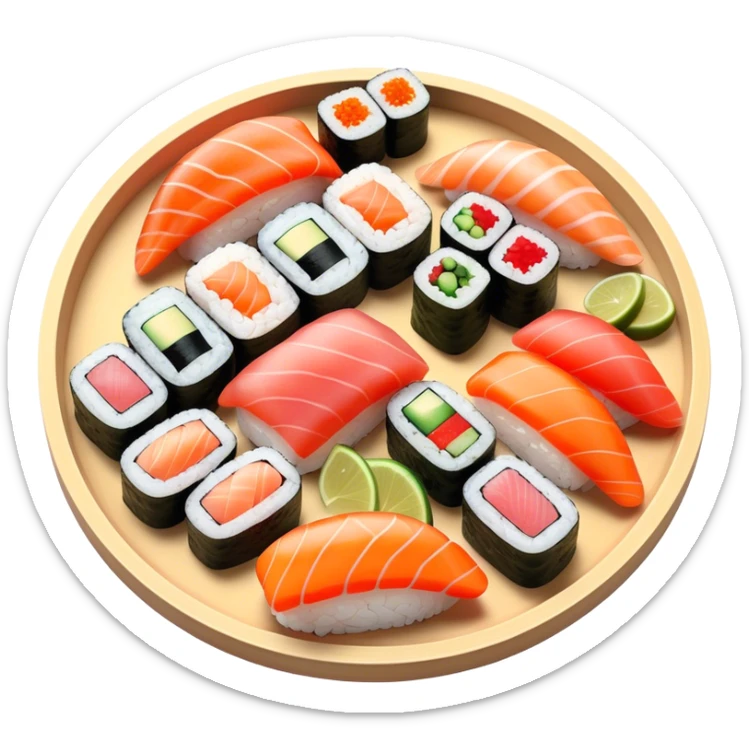 Cinematic Realistic Sushi Dish Emoji, depicted as an artful arrangement of fresh sushi with vibrant colors rendered with lifelike textures and delicate, natural lighting. sticker