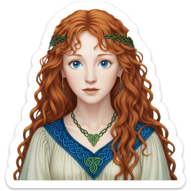 a detailed portrait of loreena mckennitt, focusing on her upper half. she has long, curly auburn hair, fair skin, and piercing blue eyes. wearing a flowing blouse with Celtic-inspired embroidery, soft light highlights her serene and contemplative expression, set against a misty, mystical background. sticker