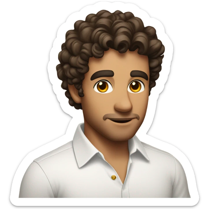 A waist up shot of a handsome tan man with dark brown short curly hair wearing a white shirt and a gold watch sticker