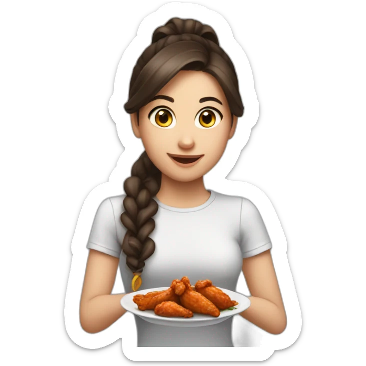A brunette girl with long hair in a ponytail , eating chicken wings  sticker