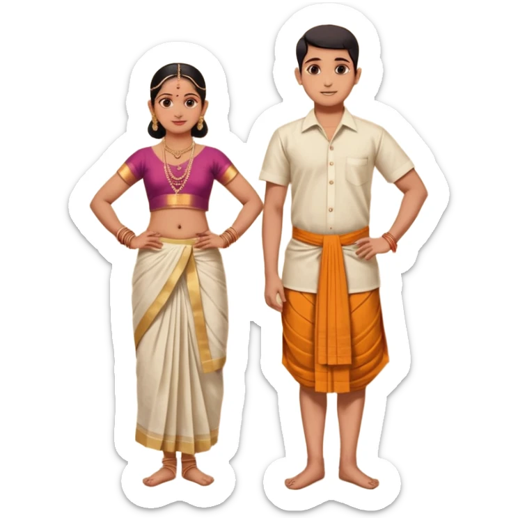 31 years young and small Brahmin boy with traditional formal cotton shirt and cotton lungi is pleasent peaceful thankful to 18 years young and fat and tall Brahmin girl with the complete decoration of bharatanatyam as godess lakshmi devi. sticker