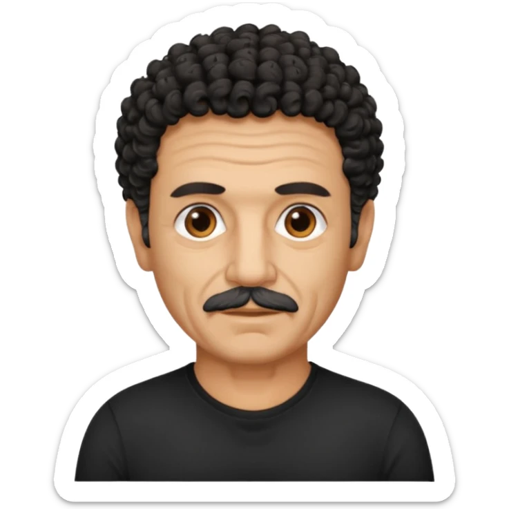 60 year old Greek man with short black curly hair that sticks up and has a black shirt sticker