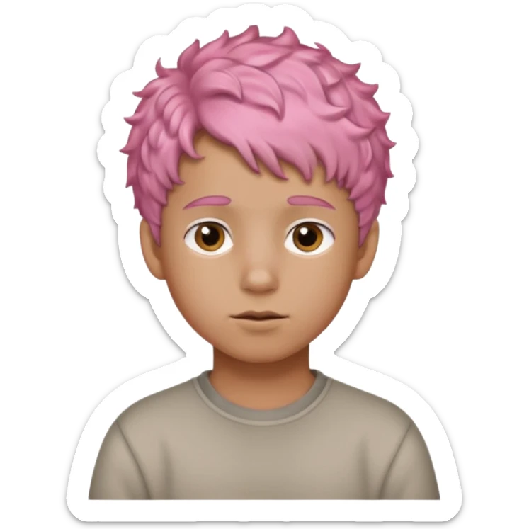 boy with short, curly pink hair, light brown skin, and a neutral facial expression. sticker