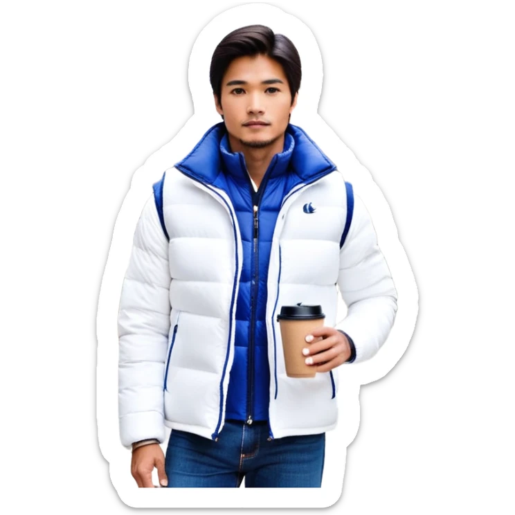 full body man with long sleeve white shirt with blue puffer winter vest with no pockets wearing straight long boot cut levi blue jeans with no cuffs and black tennis shoes holding a coffee mug in one hand directly in front of him at his chest and nothing in the other hand with his weight on one leg sticker