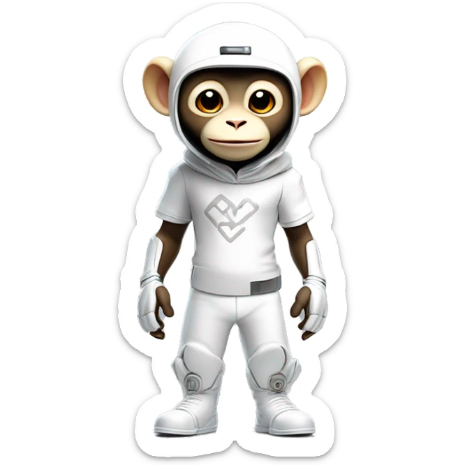 a 3d rendering of a full body shot of a cute white capucin monkey wearing a t shirt with a letter 'W' on it and a futuristic platinum helmet also with a letter 'W' on it, smiling and being cute to the camera, his style is futuristic y2k, he's standing up sticker