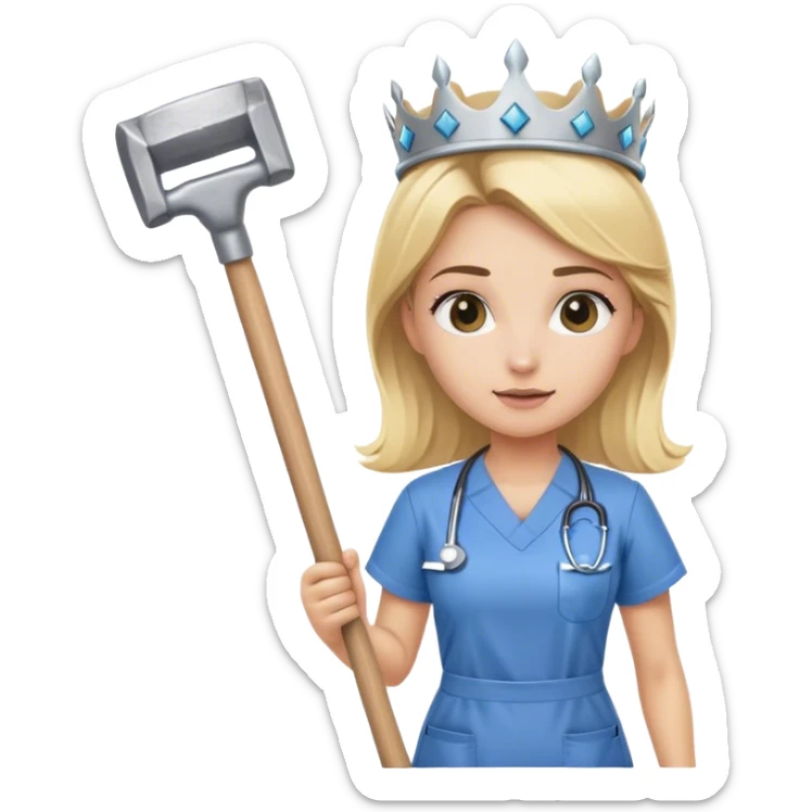blond nurse girl wearing scrubs with a crown and a sledge hammer sticker
