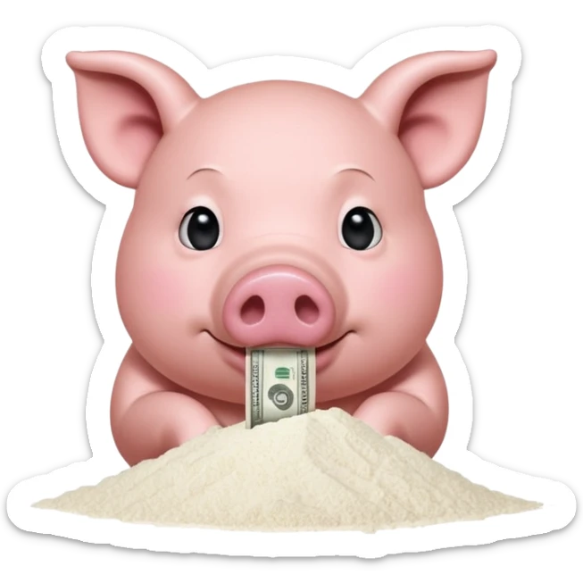 A pig with a dollar bill held to his nose looking down at a small pile of flour  sticker