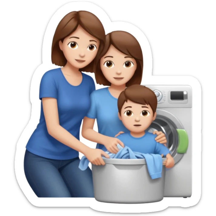 Mother and little son with brown hair putting clothes in the washing machine sticker