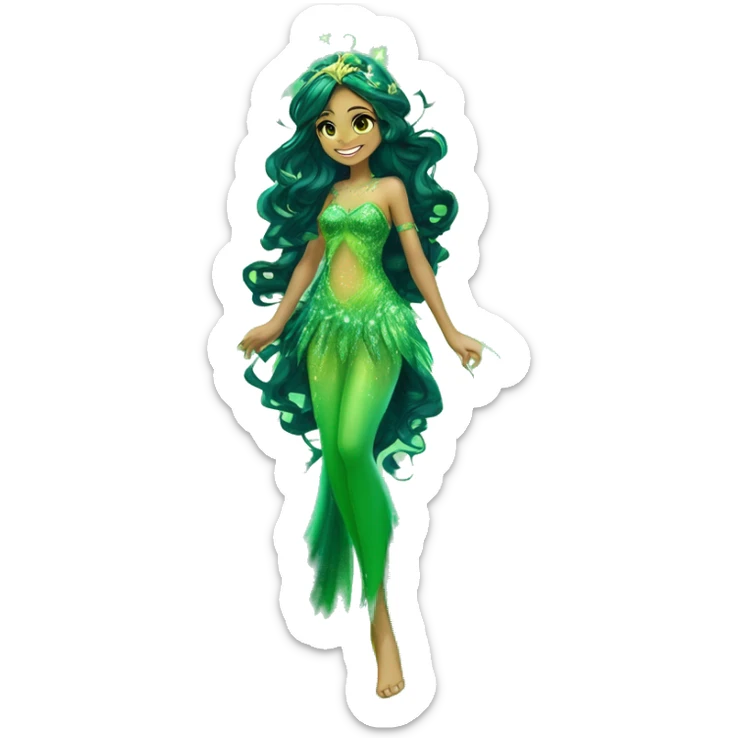 Aisha adult fairy of ocean / sea her enchantix fairy green / dark green sparkling two-piece clothing and fairy enchantix wings and long dark brown curlyhair in from winx club. Lots of sparkles and fairydust. Full body pic and full fairy bliss sticker