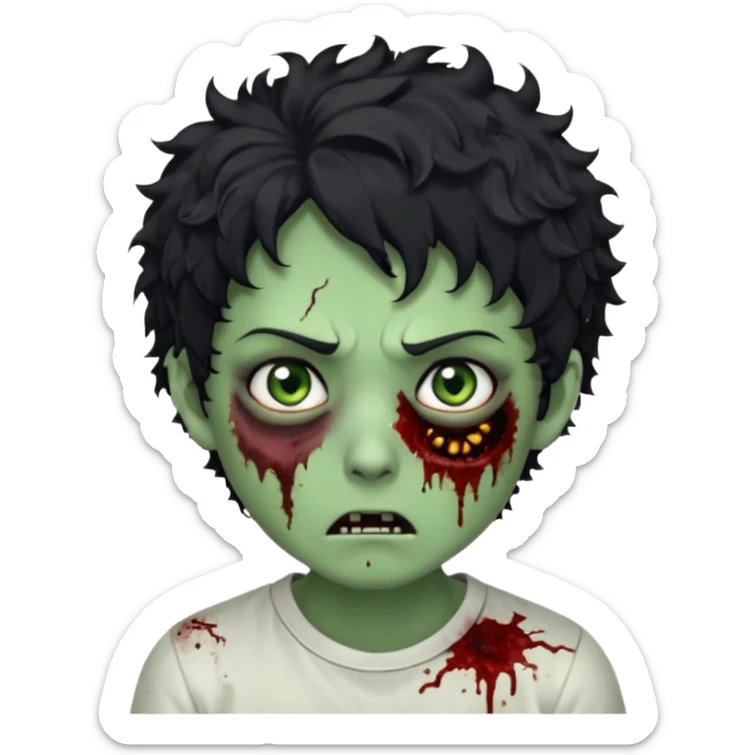 zombie character with green skin, messy short curly black hair, and no glasses. Give him large expressive eyes, a slightly frightened or eerie expression, subtle wounds, dark under-eye shadows, and a few cracks or dried blood marks on the face.  white shirt and no bleeding eyes **BLACK HAIR** sticker