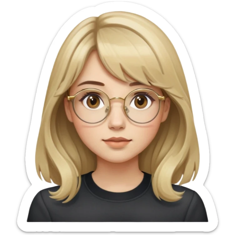 young adult woman with light skin, soft cheeks and round face, voluminous blonde-brown hair with slight waves and long bangs, large octagonal glasses with thin gold frame, dark casual shirt, calm and creative expression sticker