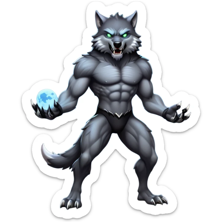 cinematic-noble-fierce-werewolf-full body-emoji, poised-and-imposing, with a tall, slender, muscular frame, fur rippling in shades of midnight black and silver, eyes glowing with an intense, primal ferocity, reflecting the untamed power of the wild moonlit night; rendered with realism sticker