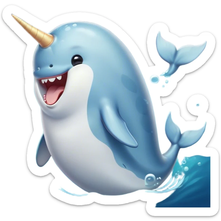 Cinematic Cute Yawning Narwhal Portrait Emoji, Head tilted slightly with a dramatic, wide-open yawn, showcasing a sleek, graceful form and a subtly curved tusk, sleepy eyes half-closed in drowsy contentment, Simplified yet irresistibly adorable features, highly detailed, glowing with a soft, cozy oceanic glow, high shine, relaxed yet expressive, stylized with a touch of whimsical charm, bright and endearing, soft glowing outline, capturing the essence of a drowsy yet affectionate sea guardian that seems ready to drift out of the screen for a nap! sticker