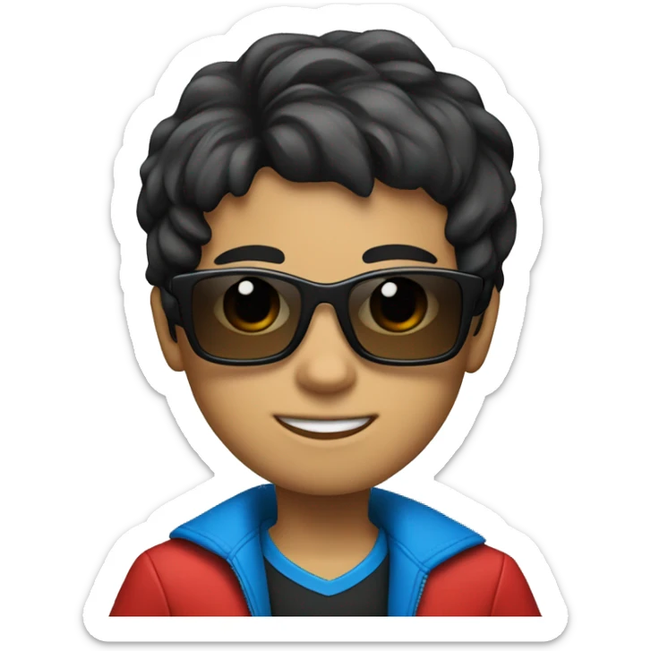 Kid wearing a red suit with black hair and wearing blue tinted sunglasses sticker