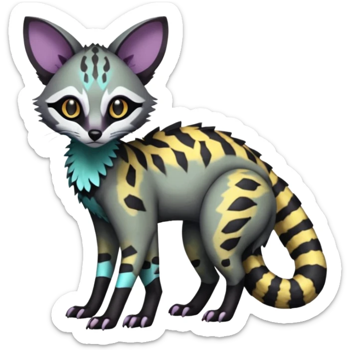 Rare realistic shiny warm-colored lush exotic cute edgy epic futuristic aesthetic gloomy spooky dark modern colorful cyber-Genet-Trico-species-Fakemon-hybrid-creature, with beautiful intricate markings, full body sticker