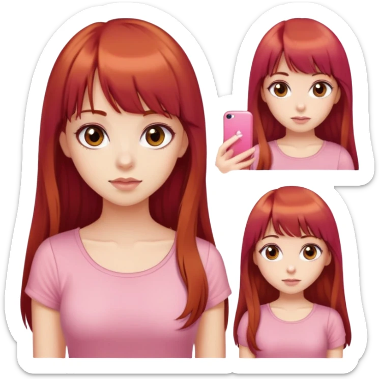 pretty girl big brown eyes long red hair with bangs beautiful tan pink top sticker