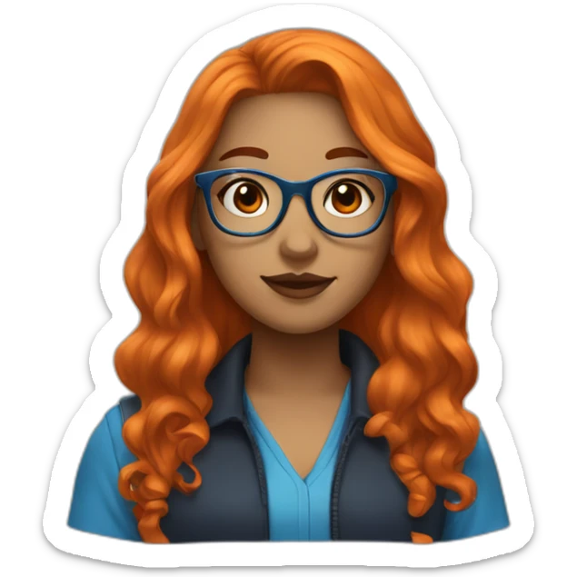 A girl with orange/black long curvy hair, blue glasses and a blue blousse sticker