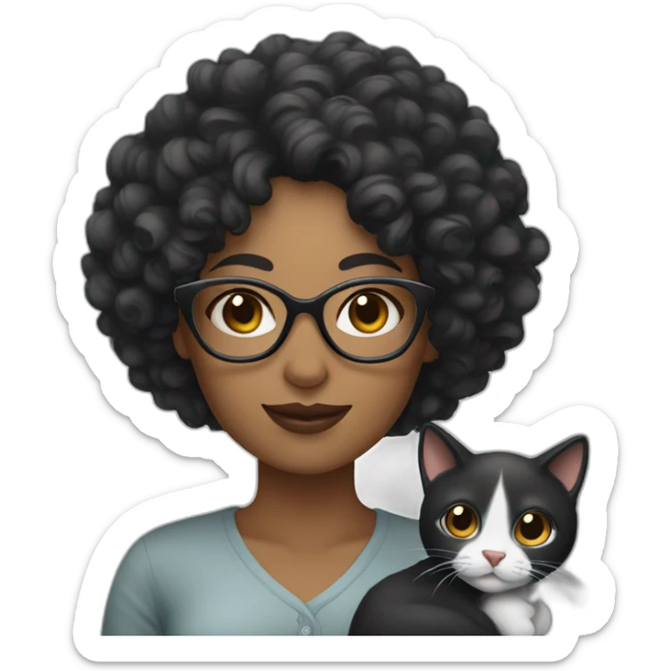 Curly woman with black hair and glasses, big nose, holding a gray cat sticker