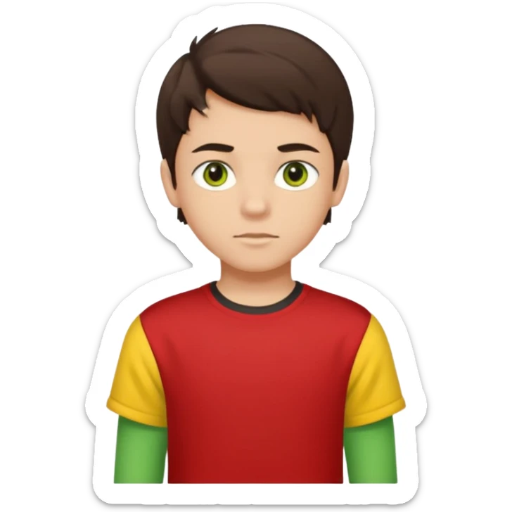 A portrait of a 14-year-old boy, he's got dark-brown hair, luight brownish skin and green hazel eyes. he's wearing a red t-sirt with yellow sleeves. sticker