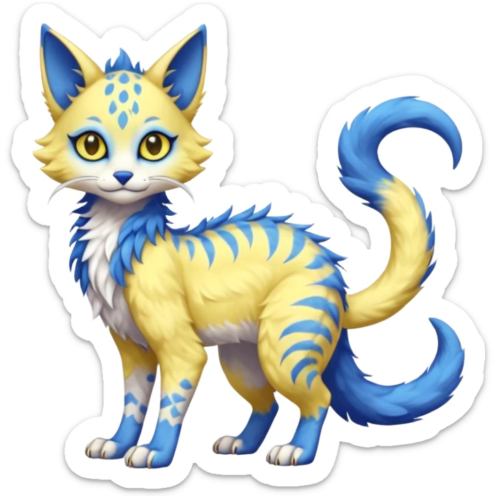 Kawaii yellow and blue beautiful pretty elegant divine edgy fantasy feline-vernid-sergal-fursona animal creature with a tufted tail full body with intricate markings  sticker
